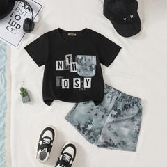 Boys Black Typographic Printed Contrast Patch Pocket T-Shirt With Shorts Set