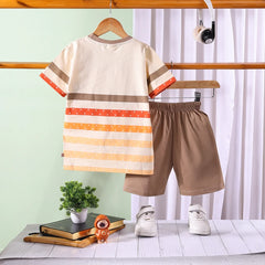 Boys Beige Cartoon Graphic Stripes T-Shirt With Elasticated Shorts Sets