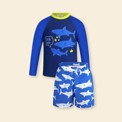 Boys Blue Fish Printed Long Sleeves T-Shirt & Shorts Swimsuit Sets