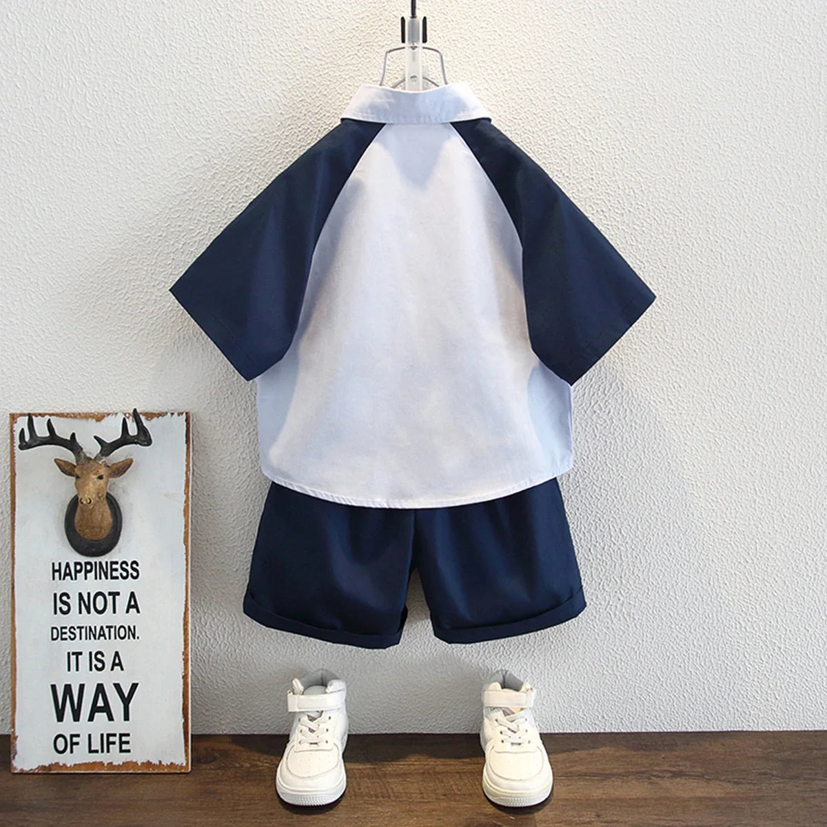 Boys Blue Colorblocked Short Sleeves Shit With Shorts Set