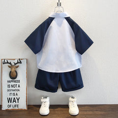 Boys Blue Colorblocked Short Sleeves Shit With Shorts Set