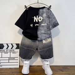 Boys Black Short Sleeve Typography Print T-Shirt With Denim Shorts Sets