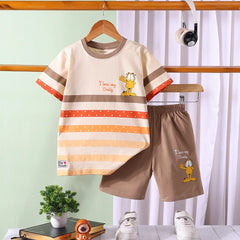 Boys Beige Cartoon Graphic Stripes T-Shirt With Elasticated Shorts Sets