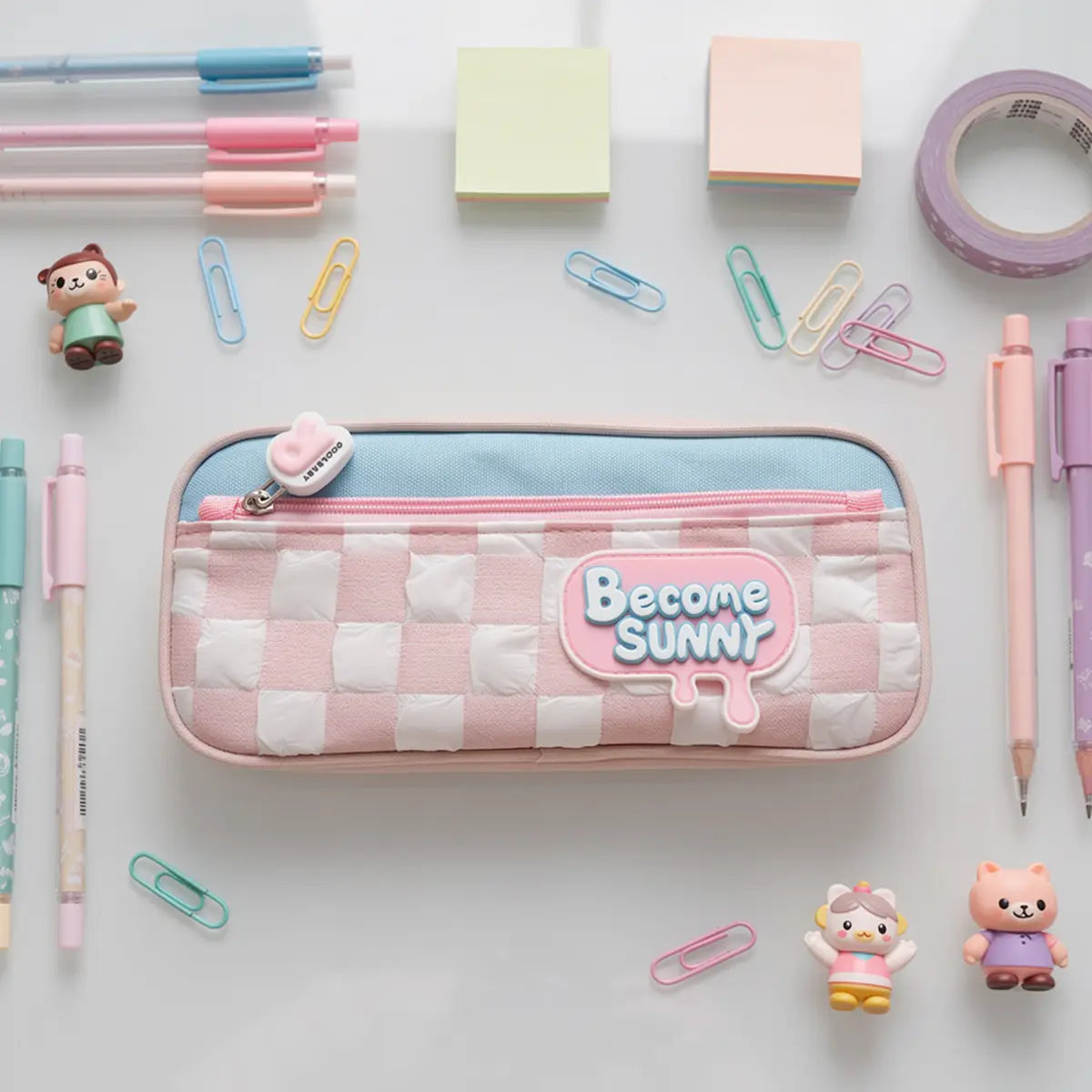 Aesthetic Become Sunny Pencil Pouch -Cute Checked School Stationery Organizer