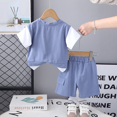 Boys Blue Colorblocked Typographic Printed T-Shirt With Shorts Set