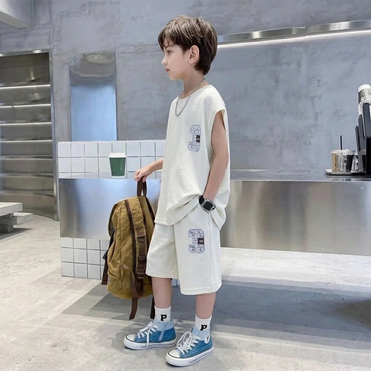 Boys Apricot Typographic Printed Sleeveless T-Shirt With Elasticated Shorts Sets