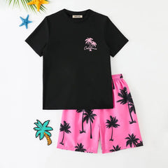 Boys Black Tropical Printed Short Sleeves T-Shirt & Shorts Swimsuit Sets