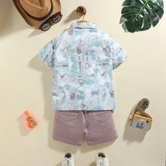 Boys Blue Abstract Printed Shirt With Shorts & T-Shirt Sets