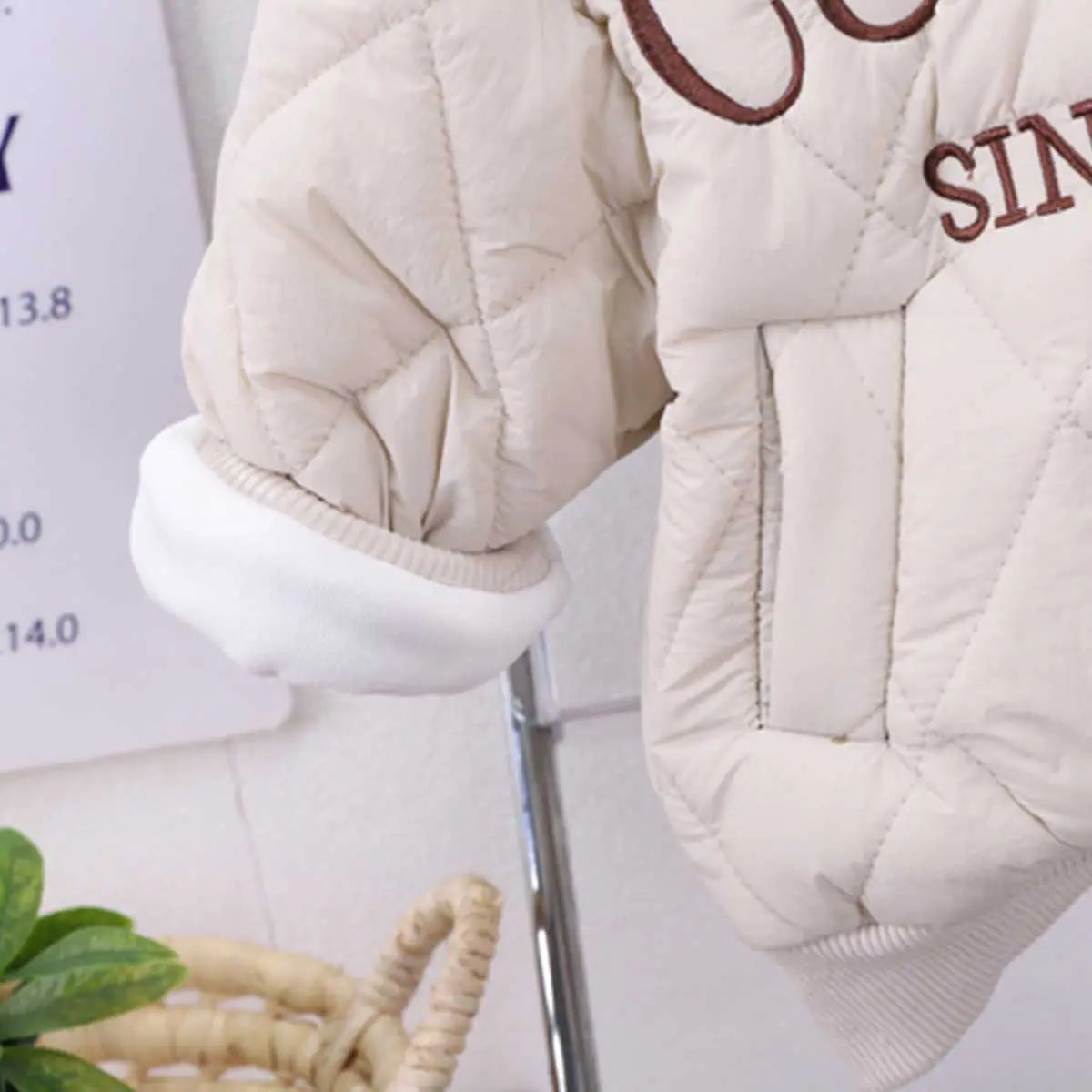 Boys Beige Embroidered Quilted Puffer Jacket With Jogger Sets