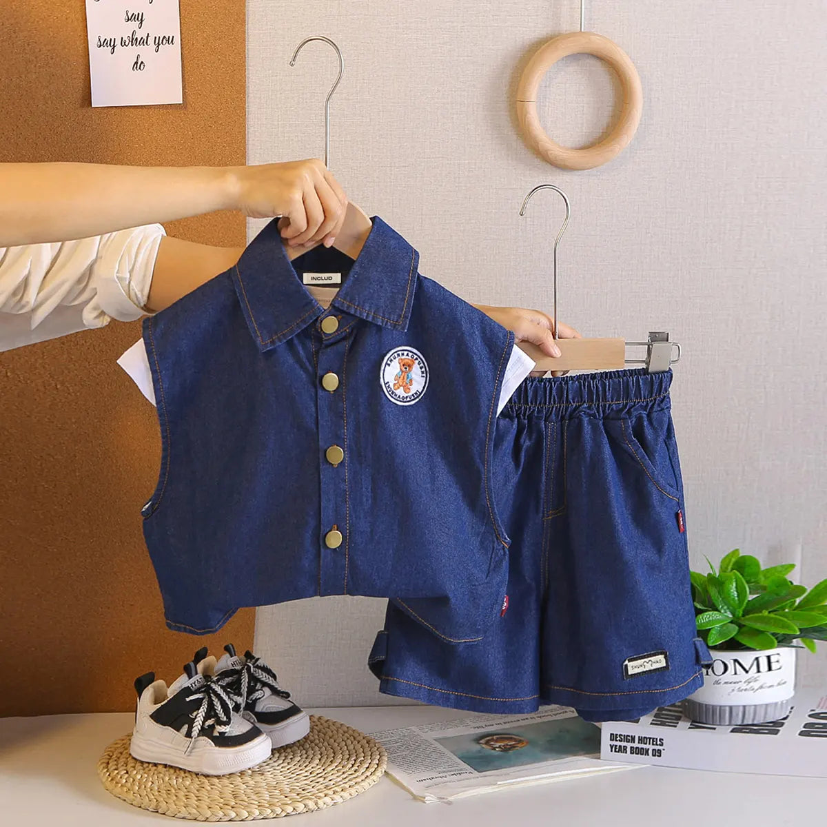 Boys Blue Denim Sleeveless Jacket With Printed T-Shirt & Shorts Sets