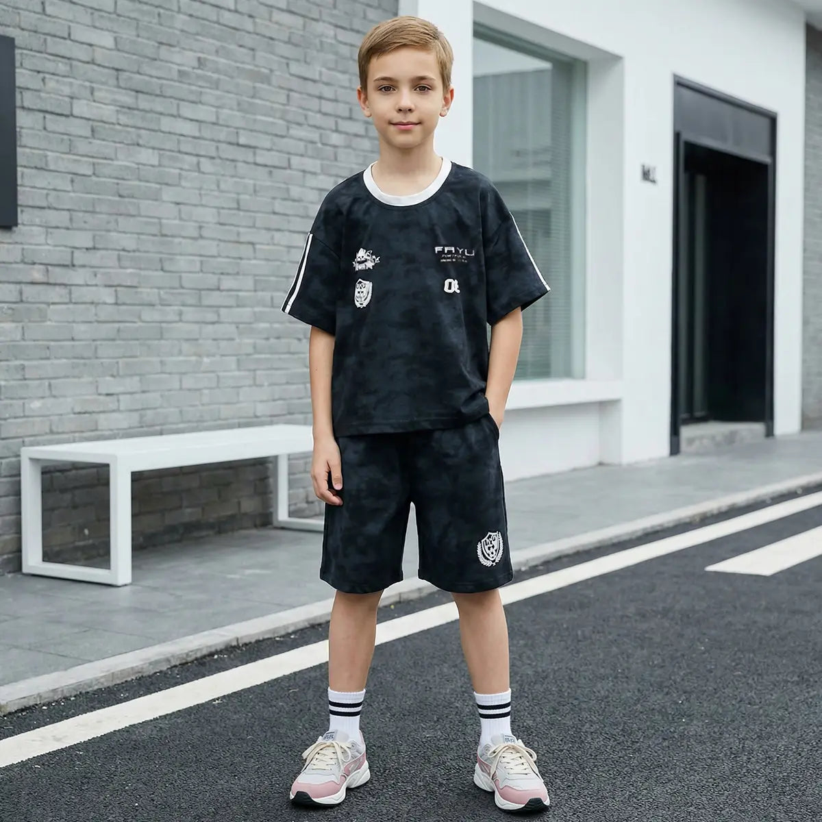 Boys Black Abstract Print T-Shirt With Shorts Co-ord Sets