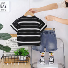 Boys Black Stripes Short Sleeves T-Shirt With Denim Shorts Set