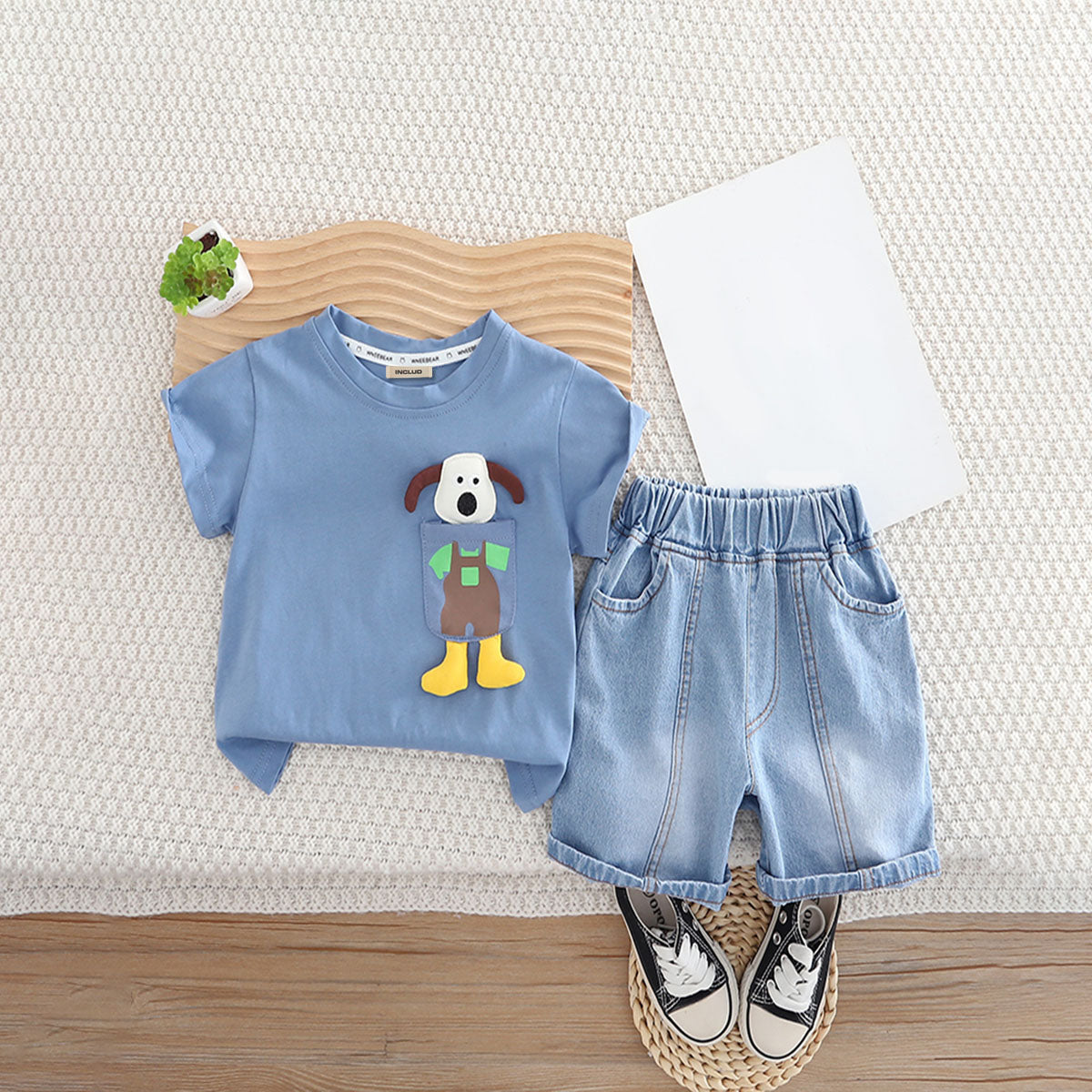 Boys Blue Embroidery Applique T-Shirt With Denim Shorts Set
