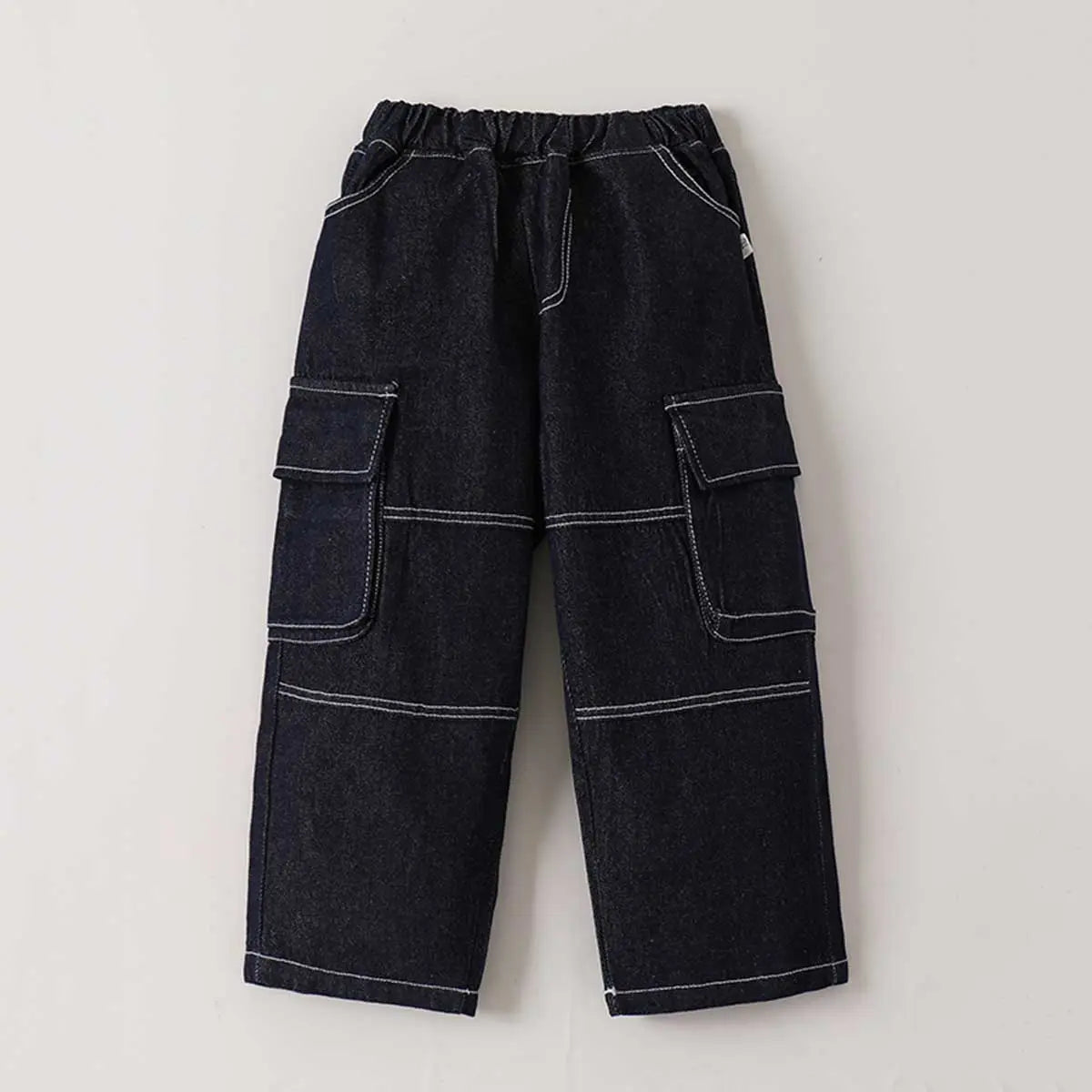 Boys Black Solid Cargo Jeans With Elasticated Waistband