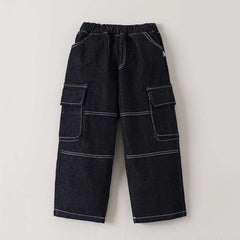 Boys Black Solid Cargo Jeans With Elasticated Waistband
