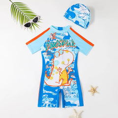 Boys Blue Graphics Short Sleeves Swimwear Bodysuit & Swim Cap