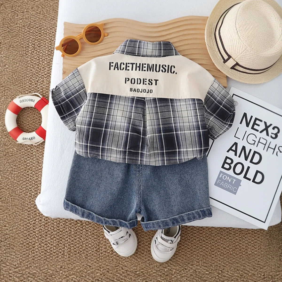 Boys Black Checked Shirt With Printed T-Shirt & Denim Shorts Set