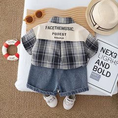 Boys Black Checked Shirt With Printed T-Shirt & Denim Shorts Set