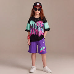 Boys Black Typographic Print Short Sleeve T-Shirt With Shorts Sets
