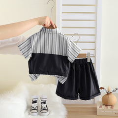 Boys Black Striped Short Sleeves Shirt With T-Shirt And Shorts Set