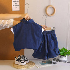 Boys Blue Denim Sleeveless Jacket With Printed T-Shirt & Shorts Sets