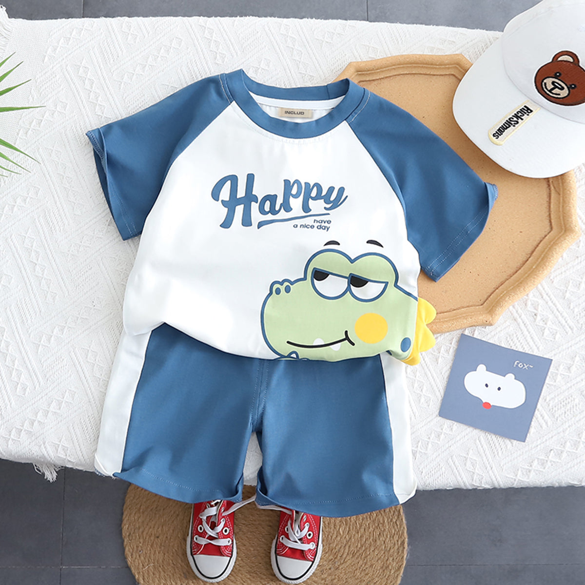 Boys Blue Happy Dinosaur Print Raglan Sleeve T-Shirt With Shorts Set