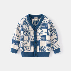 Boys Blue Cardigan With Self Design Cat Ptterns