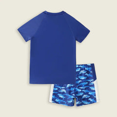 Boys Blue Fish Printed Short Sleeves T-Shirt & Shorts Swimsuit Sets
