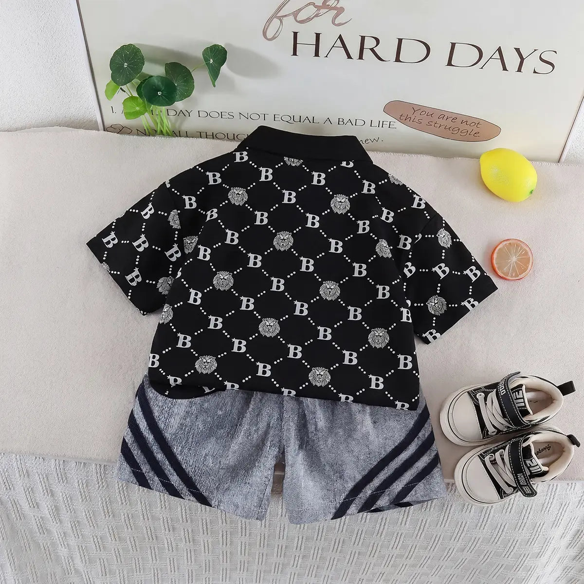 Boys Black Lion Printed Short Sleeve Polo T-Shirt With Denim Shorts Sets