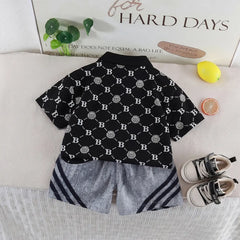 Boys Black Lion Printed Short Sleeve Polo T-Shirt With Denim Shorts Sets