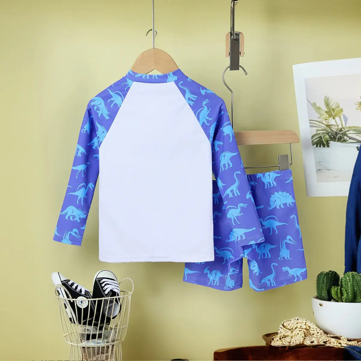 Boys Blue Dinosaur Printed Long Sleeves T-Shirt & Shorts Swimsuit Sets