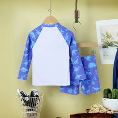 Boys Blue Dinosaur Printed Long Sleeves T-Shirt & Shorts Swimsuit Sets