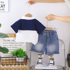 Boys Blue Embroidered Short Sleeves Polo T-Shirt With Denim Shorts Set