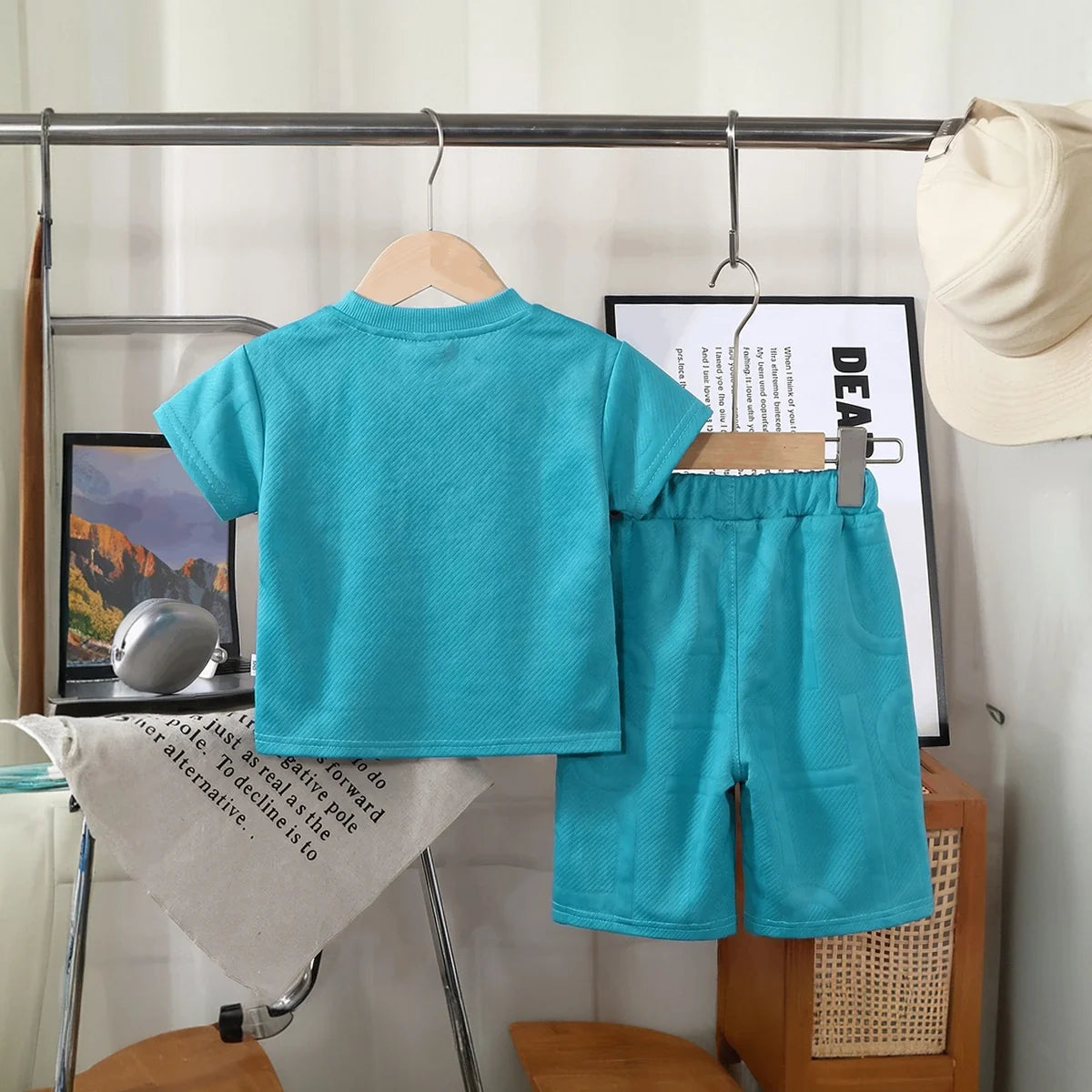 Boys Blue Embossed Print Short Sleeve T-Shirt With Shorts Sets