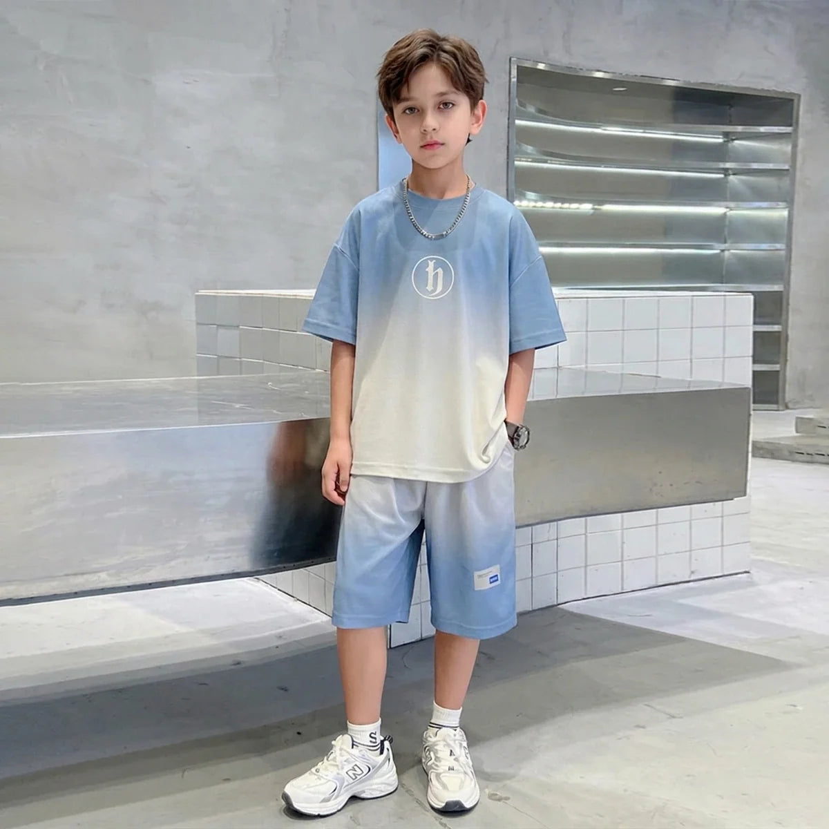 Boys Blue Ombre Printed Short Sleeve T-Shirt With Elasticated Shorts Sets