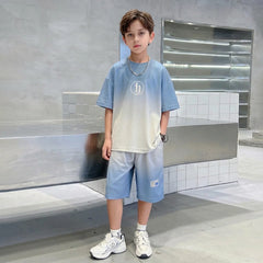Boys Blue Ombre Printed Short Sleeve T-Shirt With Elasticated Shorts Sets