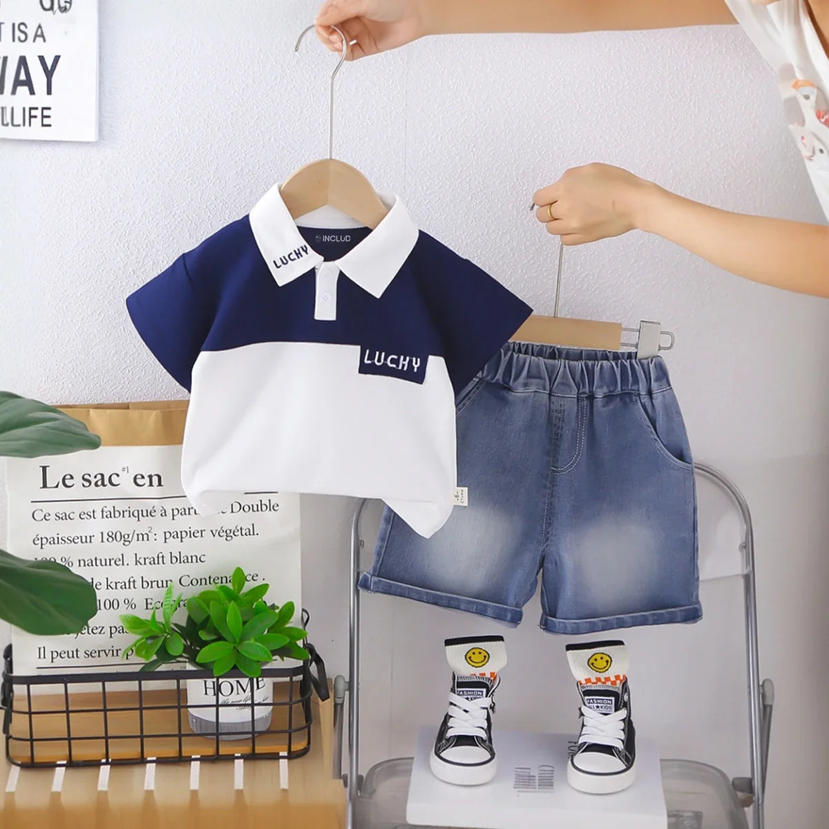 Boys Blue Embroidered Short Sleeves Polo T-Shirt With Denim Shorts Set