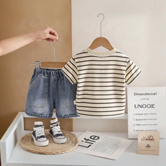 Boys Beige Striped T-Shirt With Pocket & Denim Shorts Sets