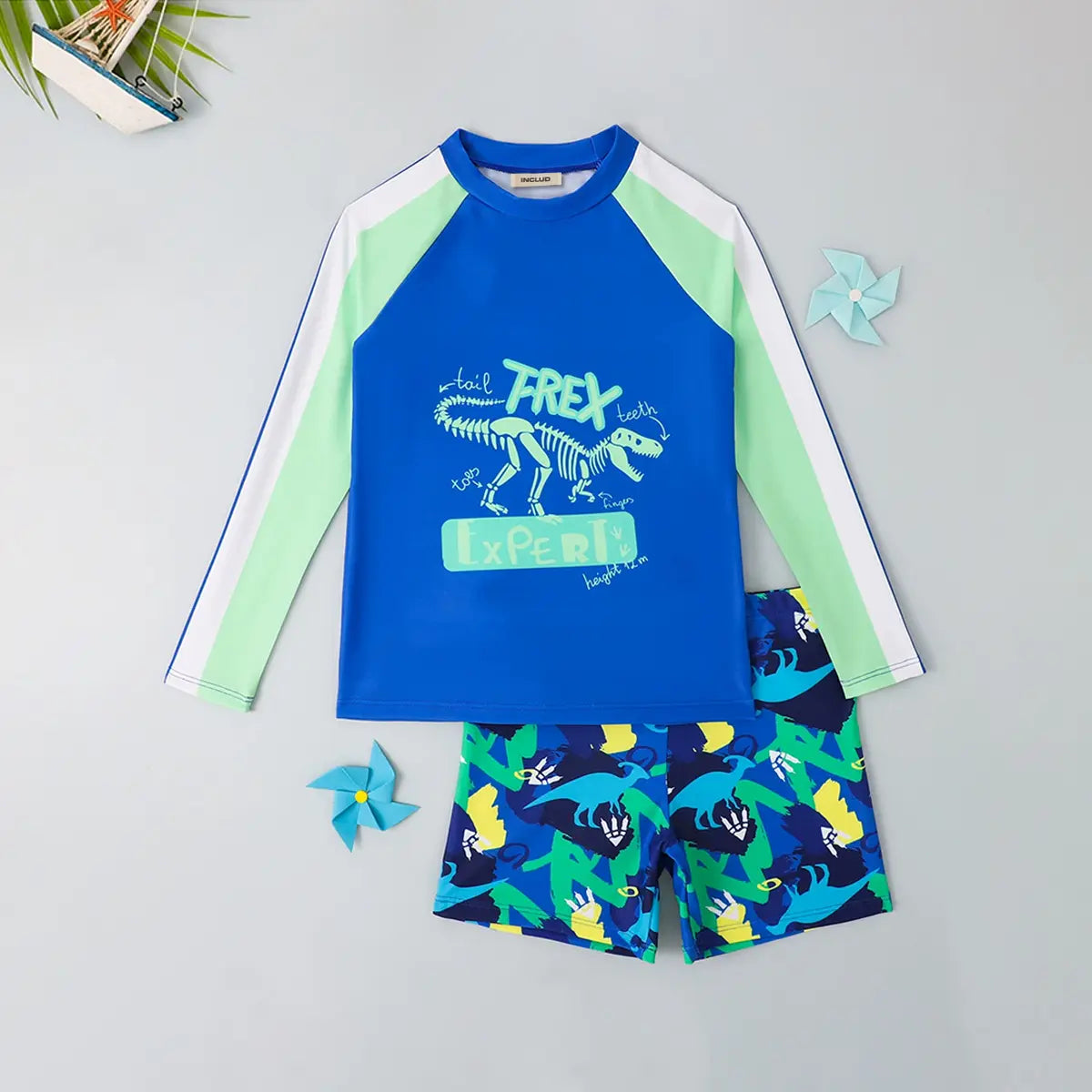 Boys Blue Graphics Long Sleeves T-Shirt & Shorts Swimsuit Sets