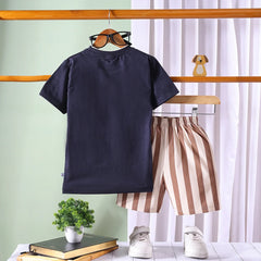 Boys Black Dog Graphic T-Shirt With Striped Shorts Sets