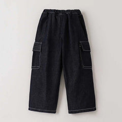 Boys Black Solid Cargo Jeans With Elasticated Waistband