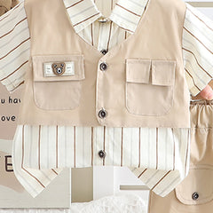 Boys Beige Stripe Short Sleeves Pocket Flap Shirt With Shorts Set