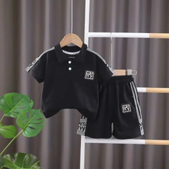 Boys Black Typographic Printed Short Sleeve Polo T-Shirt With Shorts Sets