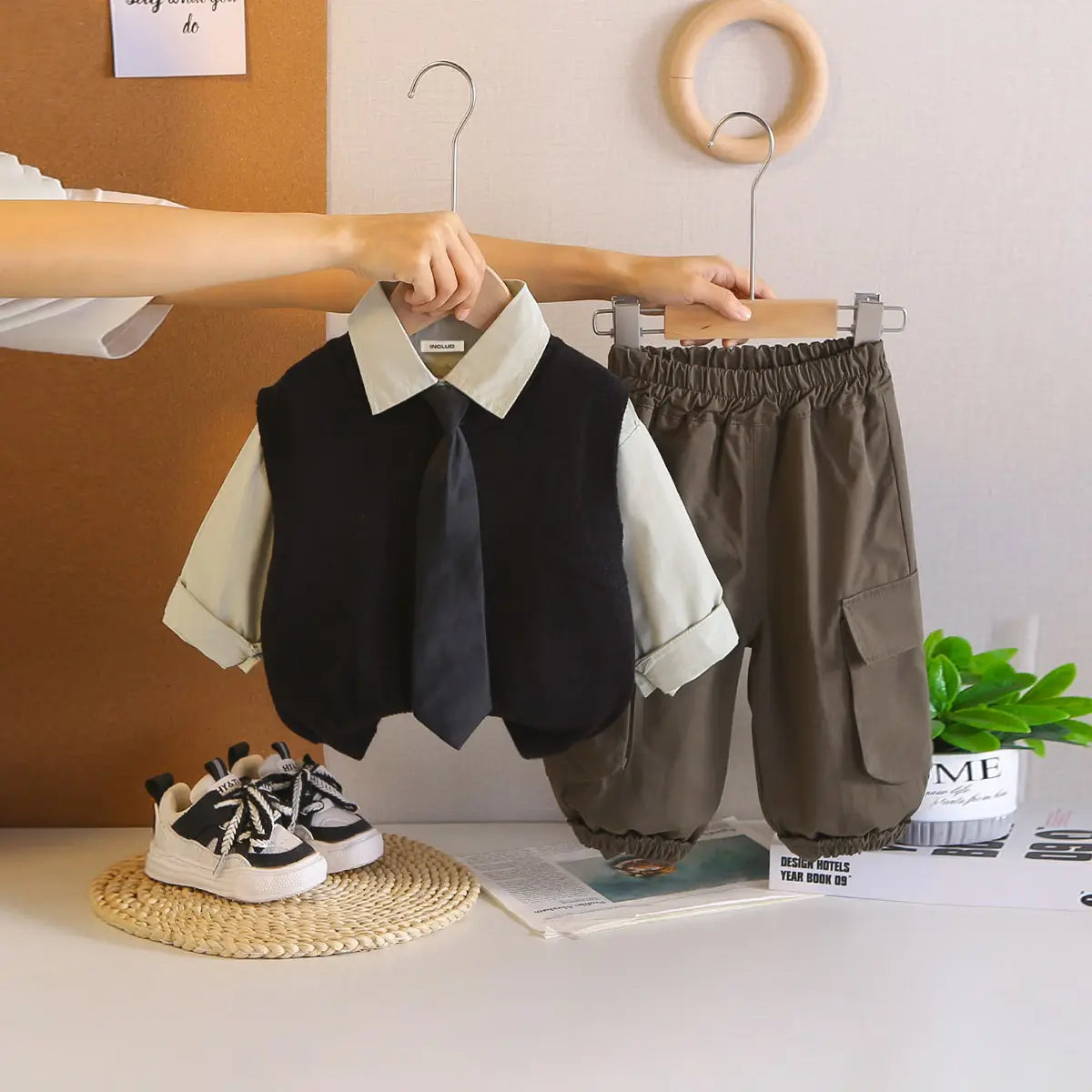Boys Black Sweater Vest & Neck-Tie With Shirt & Cargo Jogger Sets