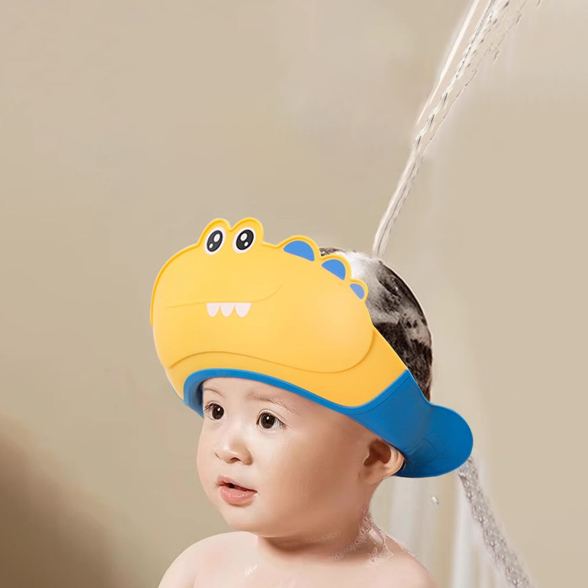 Baby Yellow Dinosaur Shower Cap with Water Guard