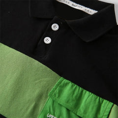 Boys Black Color-blocked Polo T-Shirt With Short Sleeves
