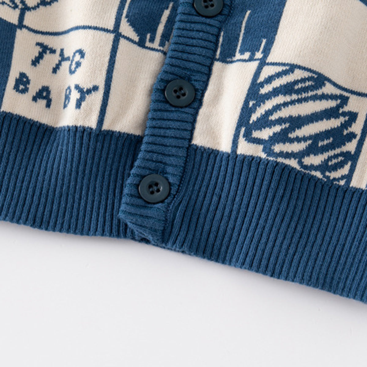 Boys Blue Cardigan With Self Design Cat Ptterns