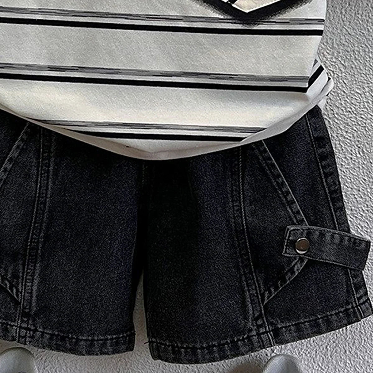 Boys Black Short Sleeve Striped T-Shirt With Denim Shorts Sets