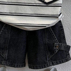 Boys Black Short Sleeve Striped T-Shirt With Denim Shorts Sets