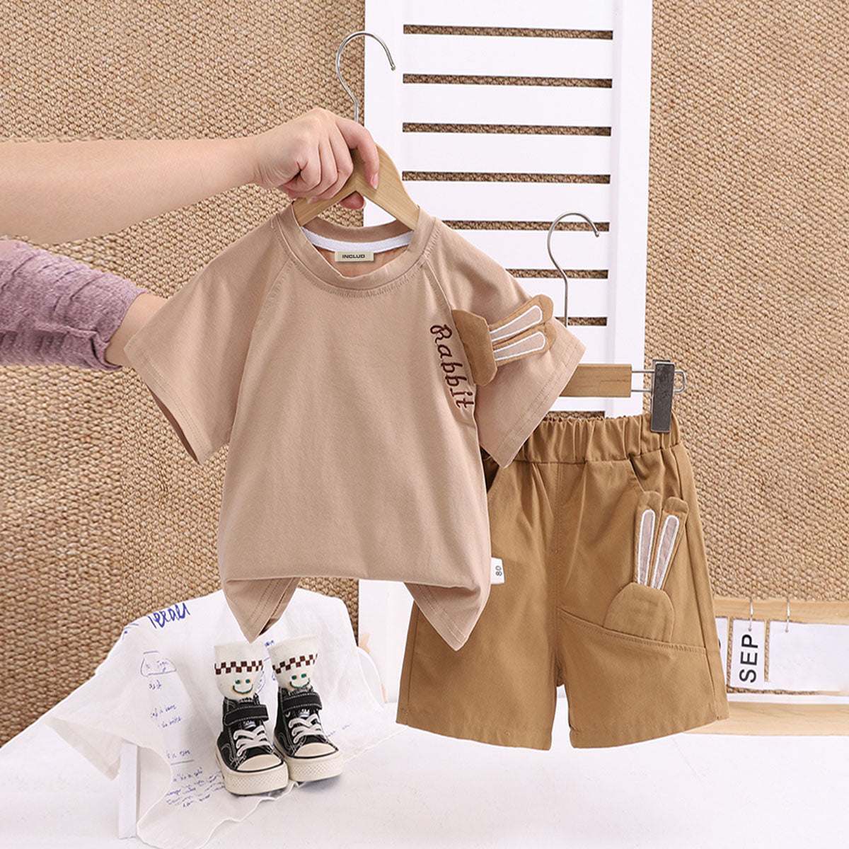 Boys Beige Rabbit Ear Appliqued T-Shirt With Shorts Set